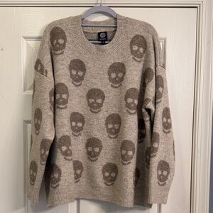 Bobeau Taupe Skull Pattern Crewneck Sweater